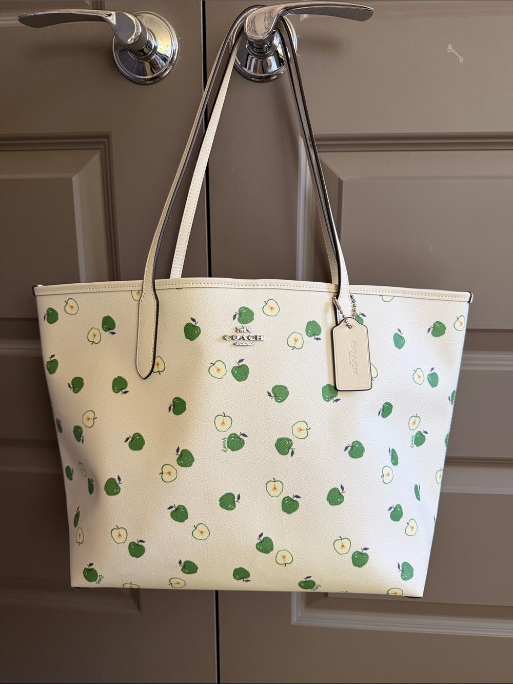 COACH City Tote with Apple Print Chalk Green Multi – C4119